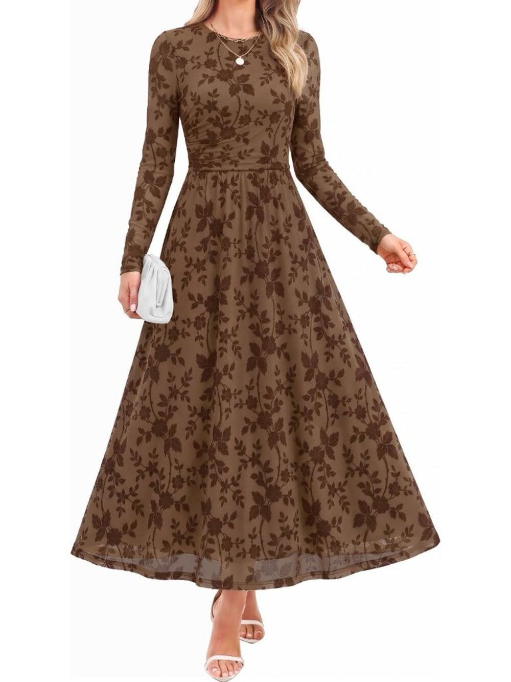 Women's Khaki Crewneck Maxi Long Sleeve Elegant Slimming Cocktail Party Dresses
